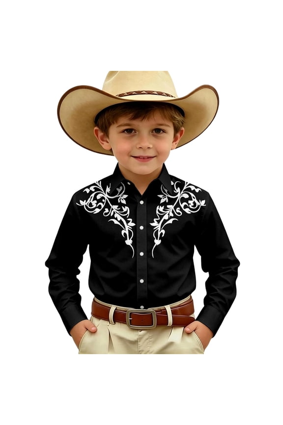 Boys Western Cowboy Button-Down Shirt, Long Sleeve Floral Print Casual Top, Kids Rodeo Style Blouse(Black8,10-11 Years)