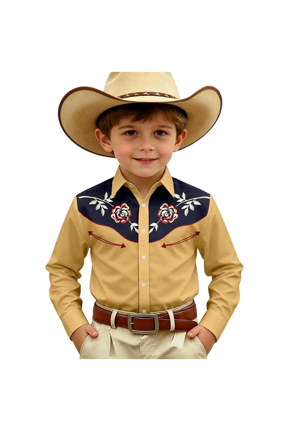 Boys Western Cowboy Button-Down Shirt, Long Sleeve Floral Print Casual Top, Kids Rodeo Style Blouse(Yellow9,8-9 Years)