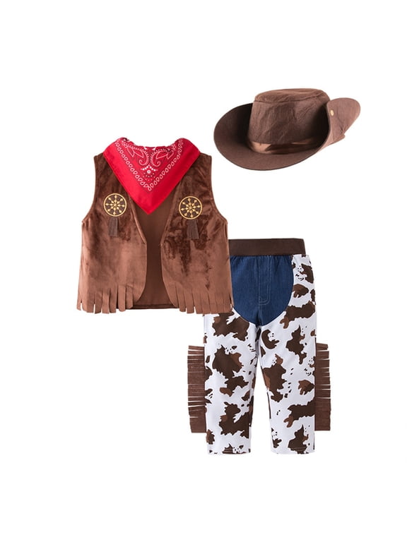 Boys Western Cowboy Costume 4 Piece Set with Vest Hat Scarf and Pants