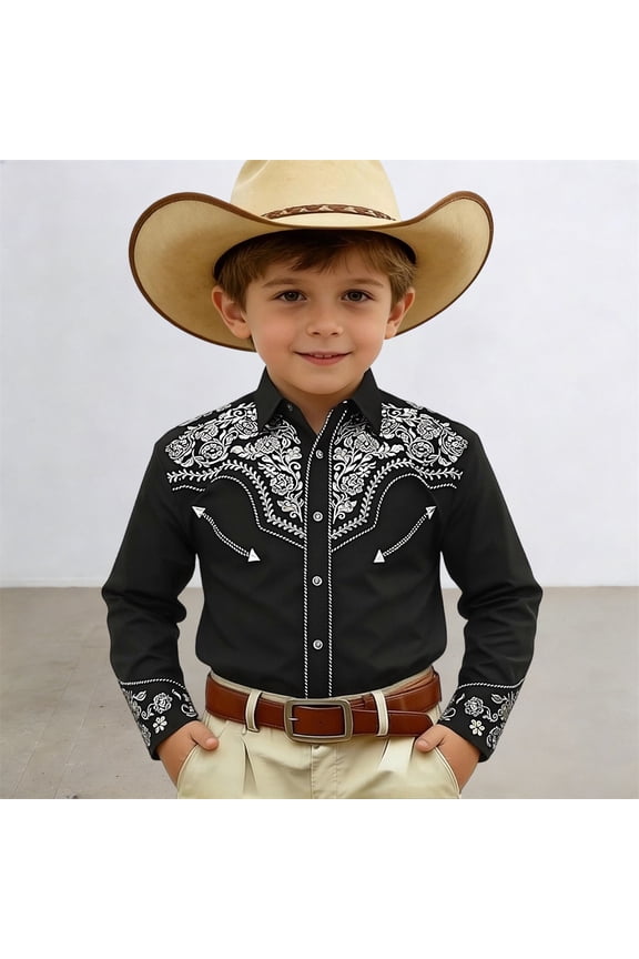 Boys Western Cowboy Embroidered Shirt - Long Sleeve Button Down Casual Top, Vintage Floral Print Cowboy Shirt for Kids & Youth (4-13 Years Old)