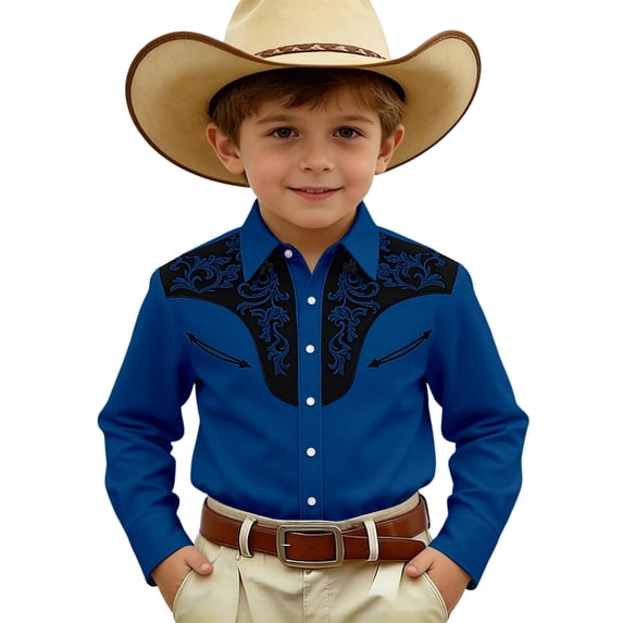Boys Western Cowboy Print Shirt Denim Snap Button Long Sleeve Casual Top Junior Outdoor Adventure Clothes
