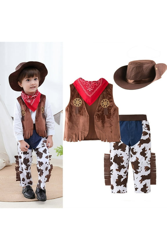 Boys Western Cowboy Role Play 4-Piece Set,Vest Hat Scarf & Pants Themed Dress Up Adventure Pretend Play Complete Western Style Outfit Festive Events