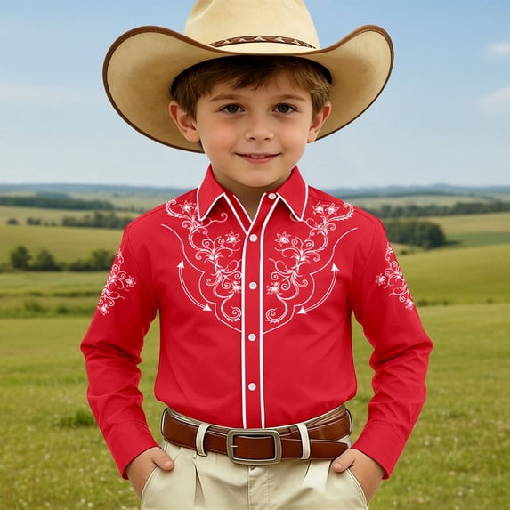Boys Western Print Button Down Shirt – Versatile Cowboy Top for Kids Ages 4-11, Stylish Long Sleeve Button-Up for School and Casual Wear