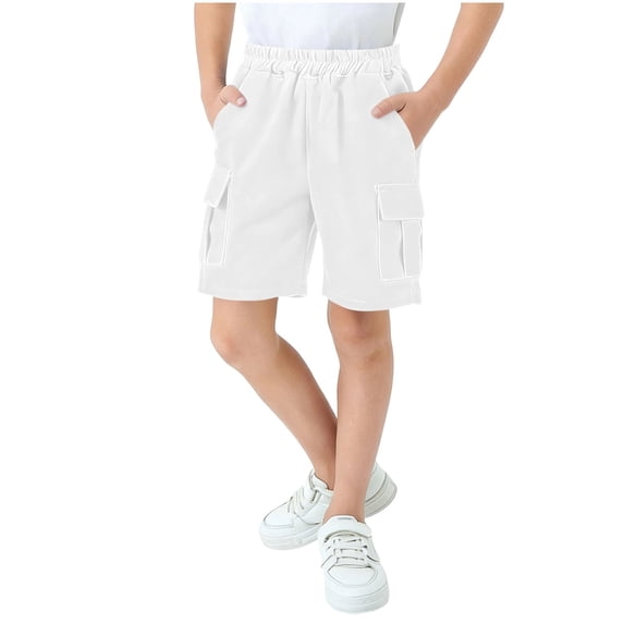 Boys White Cargo Shorts 3-12 Years, 100% Cotton Breathable Durable Kids Shorts with Elastic Waist Drawstring & Pockets, Active Casual School Outdoor Play Bottoms,Size 3-4 T