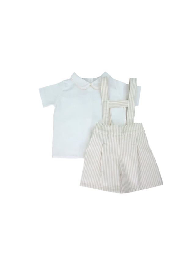 Boys-White Pique Top- Ivory-Vanilla Striped Suspender Shorts Set-Boy's Clothing