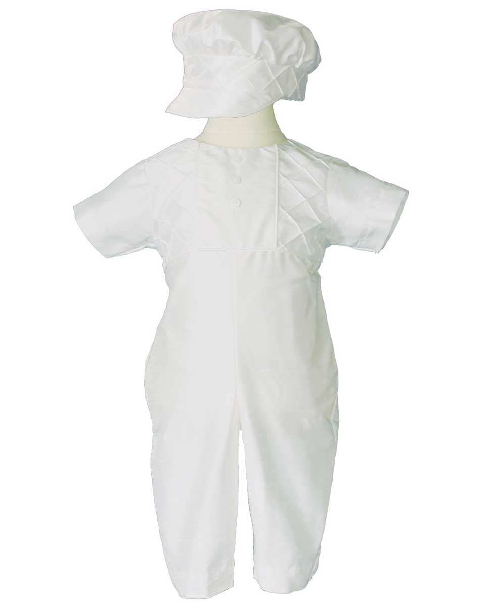 Boys White Silk Christening Baptism Outfit Set With Pin Tucking and Captains Hat (Baby)