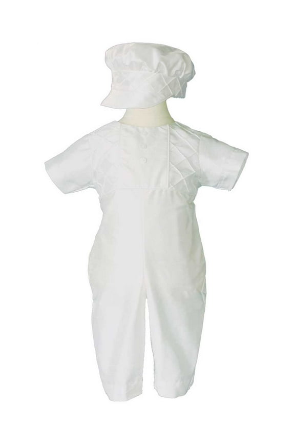 Boys White Silk Christening Baptism Outfit Set With Pin Tucking and Captains Hat (Baby)