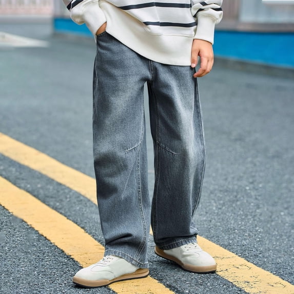 Boys Wide Leg Baggy Jeans Y2k Casual Fashion Loose Denim Pants,Classic Solid Color Denim Jeans,Comfortable Stretch Fit Casual Trousers With Reinforced Knees Durable(Blue,11_12 Years)