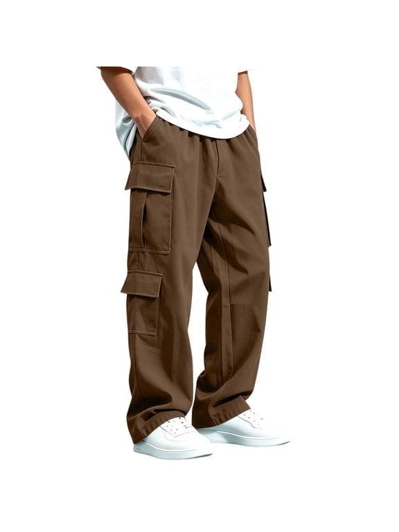 Boys Wide Leg Cargo Pants, Children Elastic Waist Casual Trousers with Cargo Pockets for Kids Hiking Outdoor Daily Activities Pants Brown 14-15T