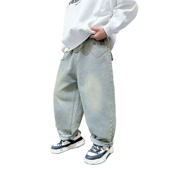 Boys Wide Leg Jeans Size 10-12 Cargo Jeans Open Bottom Straight Pants Outdoor Pants Kids Loose Sweatpants Trousers Trendy Pants Trending Pants #Blue(7-8 Years)