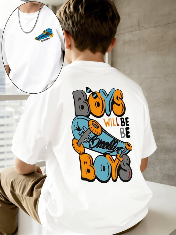 Boys Will Be Boys Skateboard Brooklyn1 Classic Double-Sided Print Design Boys' Short-Sleeve Top, Suitable for All Seasons, 100% Casual Crew-Neck T-Shirt, Suitable for