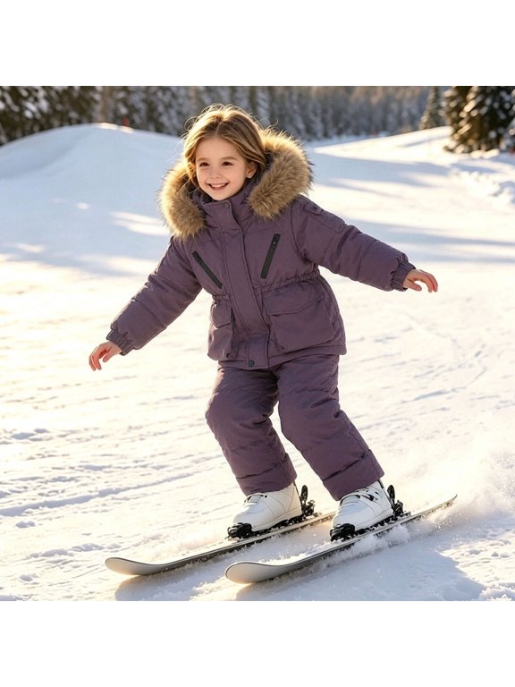 Boys' Windproof Ski Set Hooded Faux Parka Jacket Snow Pants Windproof Winter Outfit Boys Girls Warm Hooded Faux-Fur Parka Set for Boys and Girls
