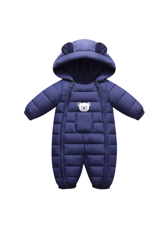 Boys Winter Coat Baby Girls Thick Snowsuit Coats Kids Outdoor Warm Windproof Hooded Romper Jumpsuit Clothes Jackets For Boys Navy 0 Months-6 Months