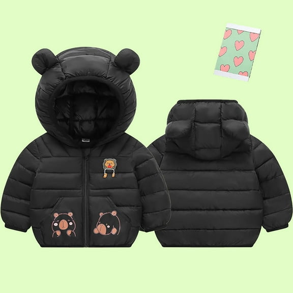 Boys Winter Coats Puffer Jacket Kids Cartoon Print Zip up Long Sleeve Lightweight Kids Warm Winter Coat Outerwear Cute Bear Ear Hooded Jackets with Pockets Boys Coats Size 5-6 Years