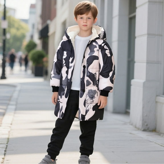 Boys Winter Coats with Hooded Puffer Jacket Kids Print Coat Full-Zip Long Sleeve Waterproof Kids Thicken Jacket 6-7 Years Winter Coat Boys