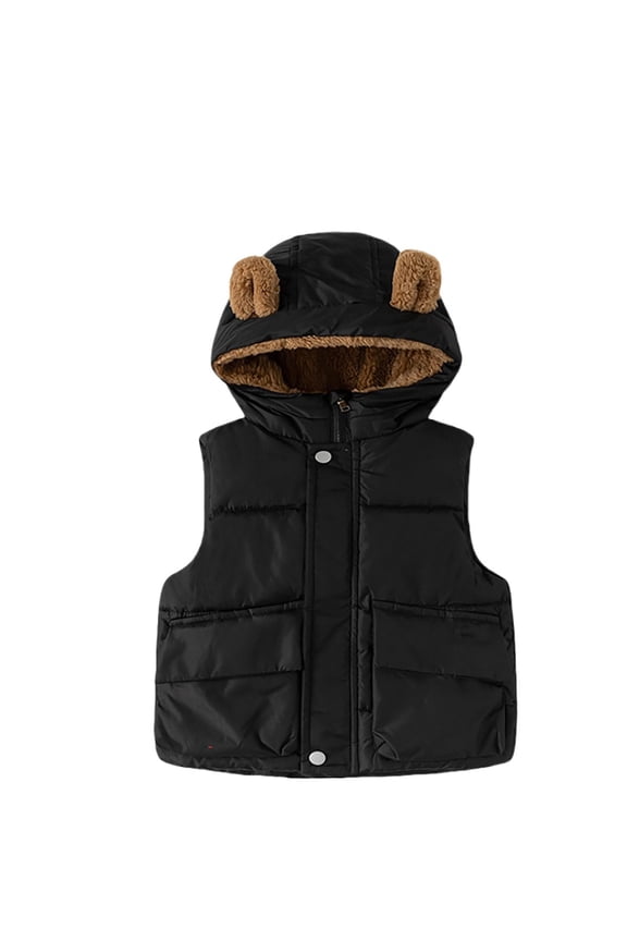 Boys' Winter Down Vest with Attached Hood and Bear Ears - Warm, Padded, Sleeveless Jacket for Outdoor Thermal Insulation and Cozy Lined Comfort