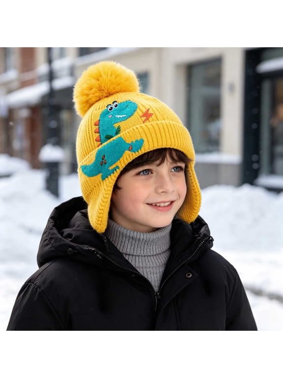 Boys Winter Earflap Beanie Hat Fleece Lined Knit Cap With Pom Pom Warm Ski Hat For Toddler Kids One Size