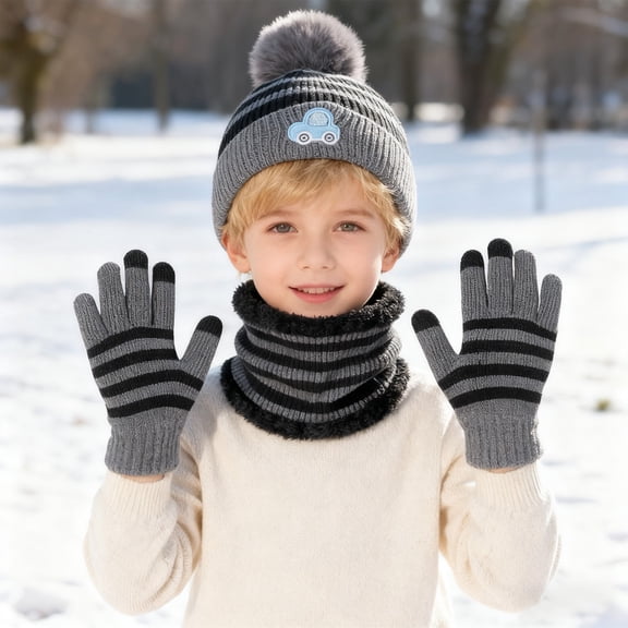 Boys Winter Hat Gloves and Neck Warmer Set, Warm Lining Beanie Hats Knitted Cap for 2-8 Years Boys Girls