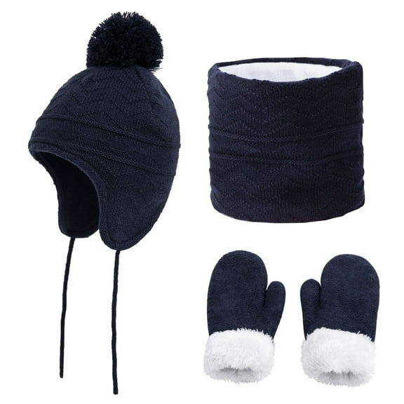 Boys Winter Hat,Kids Winter Set 3Pcs Hat Neck Warmer Gloves Thickened Print for Windproof Warmth Outdoor,Winter Hats for Boys,Navy,4-6 Years