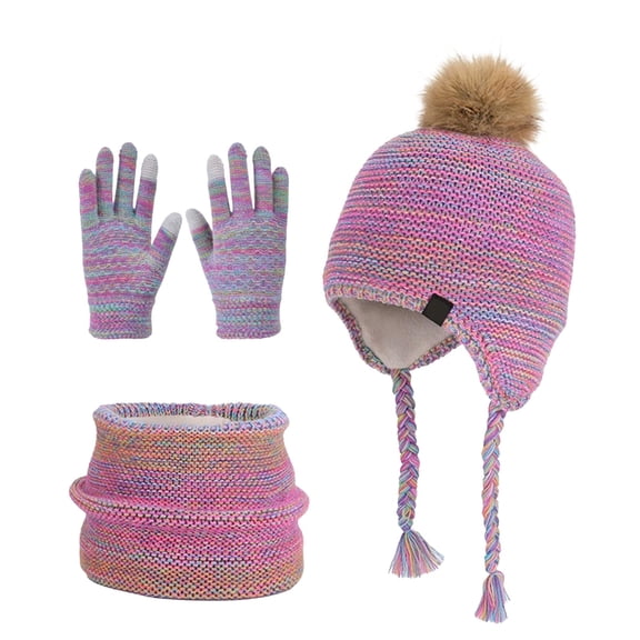 Boys Winter Hat with Ear Flaps Gloves Scarf Set, Knitted Lined Beanies Cap for 4-10 Years Girls Boys