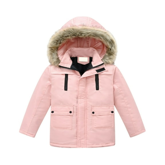Boys Winter Hooded Parka Jacket with Faux Fur Trim Detachable Hood Zipper Closure Multiple Pockets Windproof Outerwear