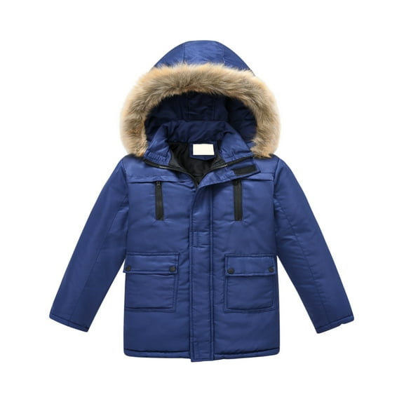 Boys Winter Hooded Parka Jacket with Faux Fur Trim Detachable Hood Zipper Closure Multiple Pockets Windproof Outerwear
