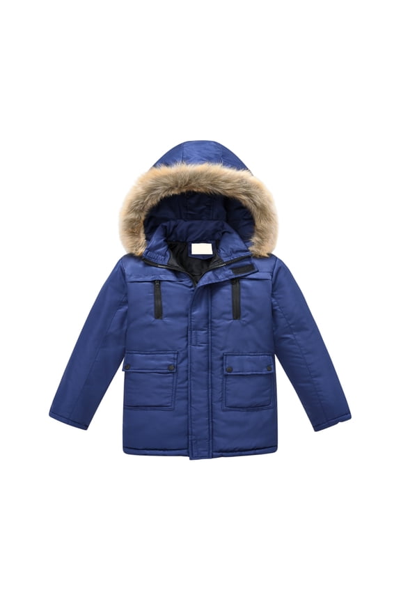 Boys Winter Hooded Parka Jacket with Faux Fur Trim Detachable Hood Zipper Closure Multiple Pockets Windproof Outerwear