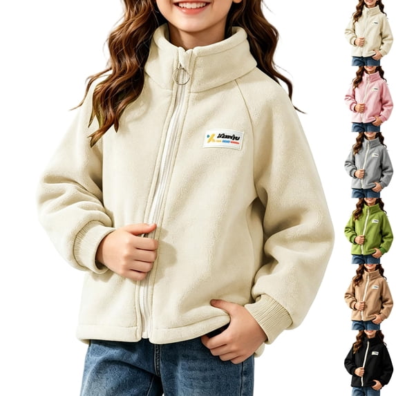 Boys Winter Jacket Dqueduo Kids' Fleece Zip Up Stand Collar Casual Outerwear Jacket Coat For Boys Girls Beige 5-6 Years