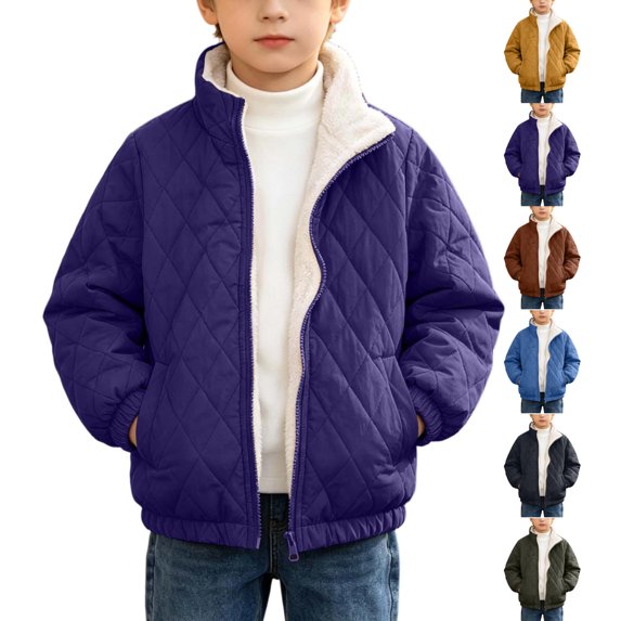 Boys Winter Quilted Jacket Warm Sherpa Fleece Lined Diamond Stitch Coat,Stand Collar Zip Up Windbreaker with Pockets (Sizes 6-14)
