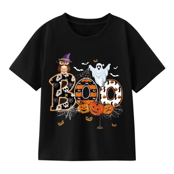 Boys Witch Ghost and Pumpkin Halloween T-Shirt, Spooky Graphic Short Sleeve Shirt for Fall and Seasonal Wear