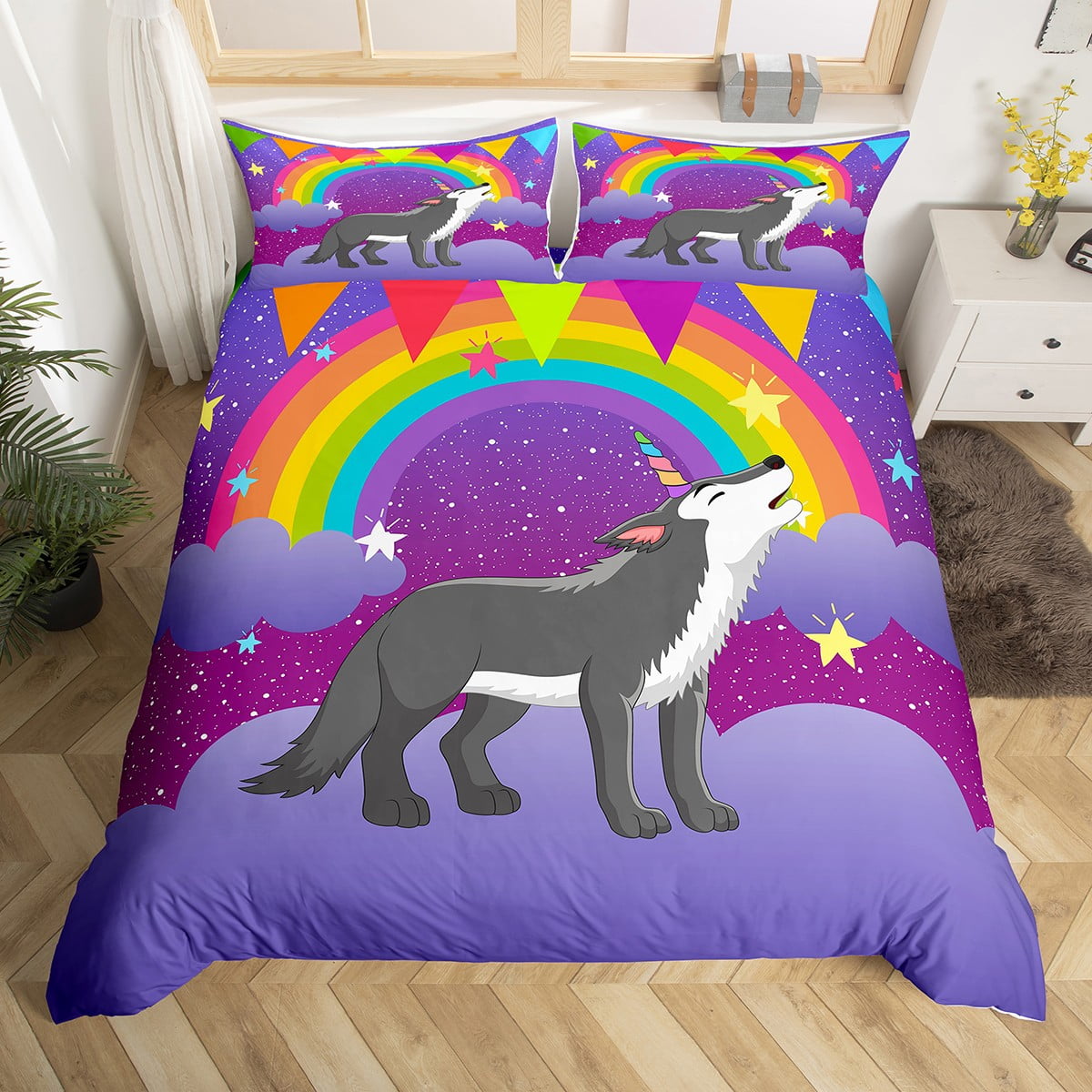 Boys Wolf Bedding Set Twin Girls Comforter Cover Cute Rainbow Unicorn Print Duvet Cover Kids