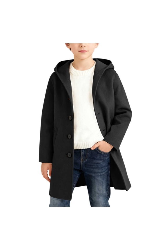 Boys Wool Blend Peacoat Kids Casual Single Breasted Hooded Trench Coat Fall Winter Long Coat Lightweight Overcoat with Pockets
