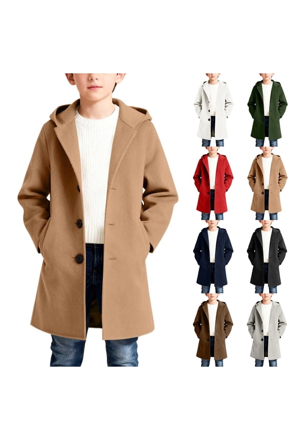 Boys Wool Blend Peacoat Kids Casual Single Breasted Hooded Trench Coat Fall Winter Long Coat Lightweight Overcoat with Pockets