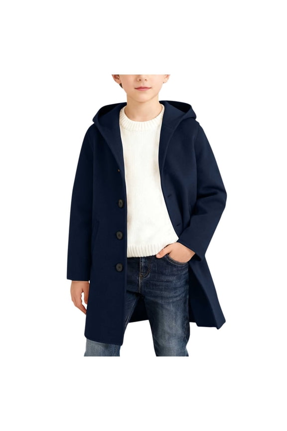 Boys Wool Blend Peacoat Kids Casual Single Breasted Hooded Trench Coat Fall Winter Long Coat Lightweight Overcoat with Pockets