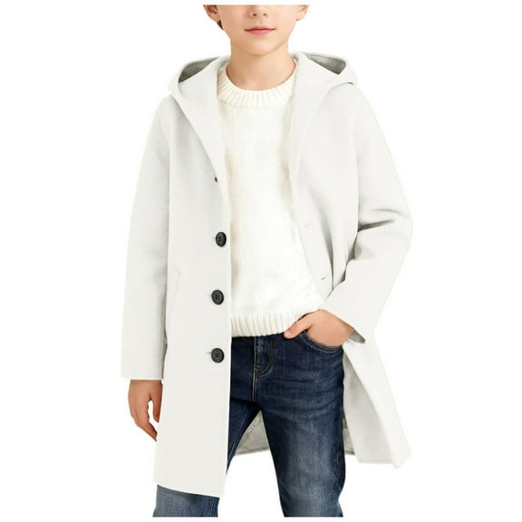 Boys' Wool-blend Trench Coat Hooded Single Breasted Fashion Jacket Mid-length Fall Winter Outerwear for Warm Daily & School Commutes 5-15Y