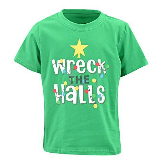 Boys Wreck The Halls Short Sleeve Kids Christmas Shirt Clothes (2Y, Green)
