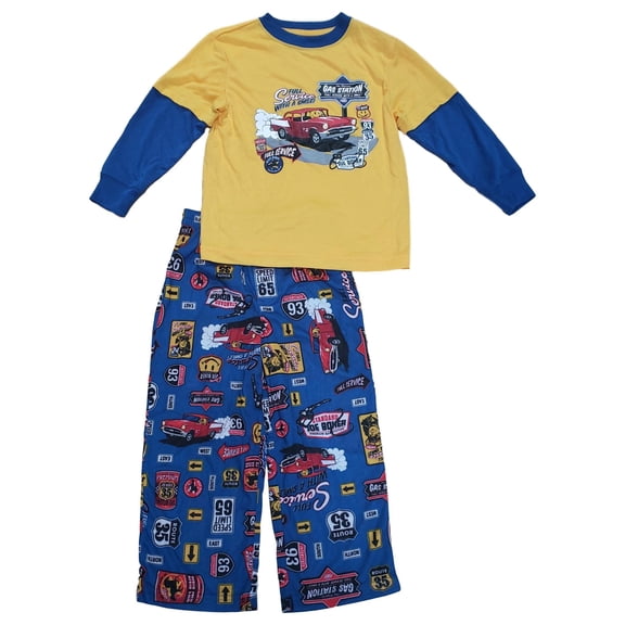 Boys Yellow & Blue Full Service Signage Print 2 Piece Pajama PJ Set XS (4/5)