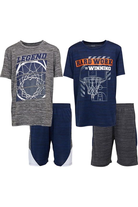 Boys Youth Big Kids Athletic Active Performance Sports 4 Piece Graphic T-Shirt Top and Basketball Short Set