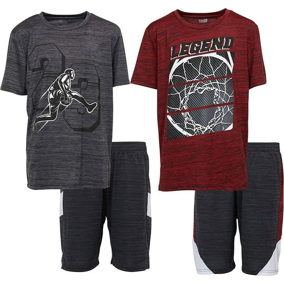Boys Youth Big Kids Athletic Active Performance Sports 4 Piece Graphic T-Shirt Top and Basketball Short Set