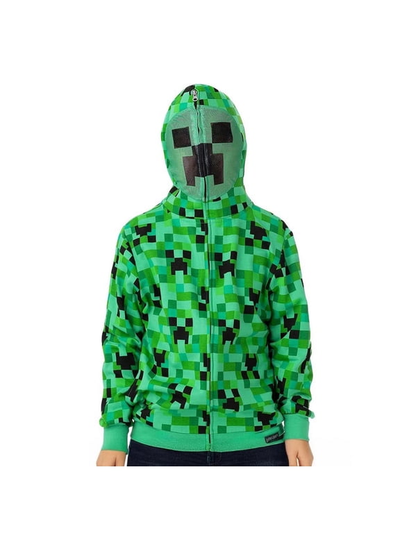 Boys Youth Minecraft Creeper Camo Face Zip-Up Costume Fleece Hoodie, Unisex, Large(14/16yrs)