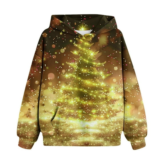 Boys' Youth Pullover Hood Christmas Children's Shirt Long Sleeved Pattern T-shirt Printed Round Neck Short Top Boys and Girls Aged Hooded Sweatshirt Yellow 9 Years