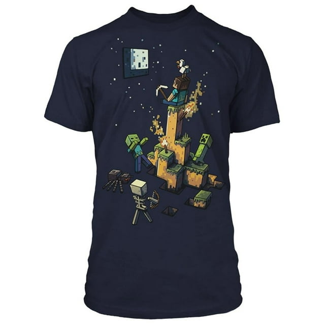 Boys Youth Tight Spot Minecraft Navy Premium T-Shirt Steve Creeper Zombie Skeleton Spider Torch Pickaxe Axe Character Graphic Video Game Tee