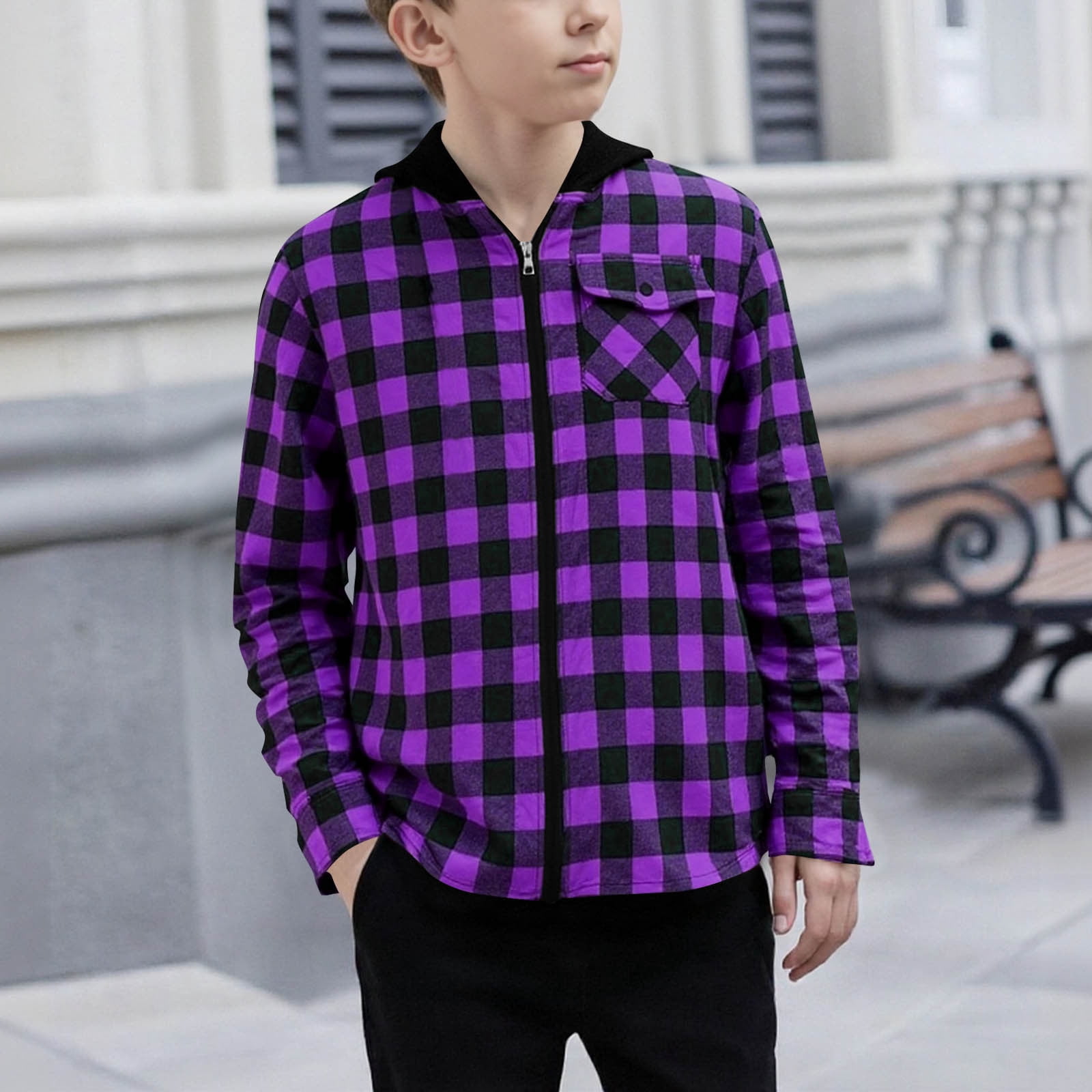 Boys Zip up Plaid Jacket Long Sleeve Hoodie Plaid Flannel Shirt