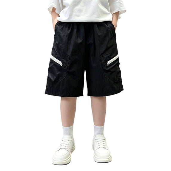 Boys Zipper Pocket Cargo Shorts, Elastic Waist Lightweight Wide‑Leg Casual Shorts With Pockets for Big Kids