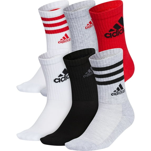 Boys adidas 6-Pack Cushioned Crew Socks Color: Scarlet White Gray Blk Size: 9-11