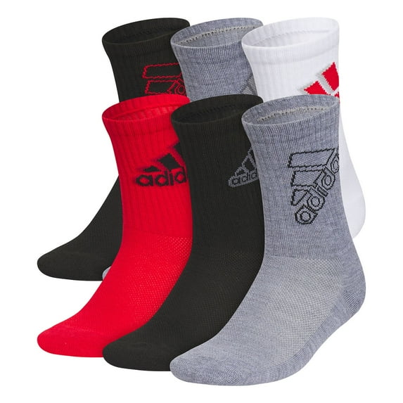 Boys adidas Cushioned Mixed 2.0 6-Pack Crew Socks Color: Black Size: 7-8.5