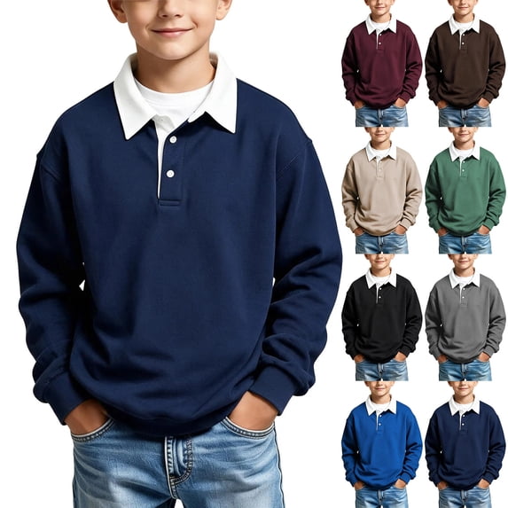 Boys and Girls Autumn Winter Casual Solid Color Long Sleeve Lapel Top Lightweight Comfort Breathable Top Sweatshirt