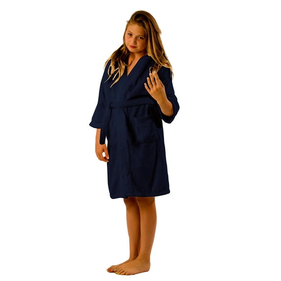 Boys and Girls Bathrobe, Hooded Terry Microfiber Robe for Kids, Navy Bathrobe Fleece Robe, Size Medium