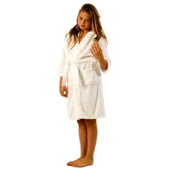 Boys and Girls Bathrobe, Hooded Terry Microfiber Robe for Kids, White Fleece Robe, Size Medium