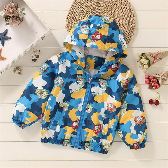 Boys and Girls' Casual Jackets Cartoon Car Print Zipper Hooded Windproof Windbreaker Long Sleeve Light Winter Fashion Coats Outerwear